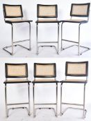 SIX VINTAGE RATTAN, BLACK OAK & CHROME CANTILEVER BAR STOOLS