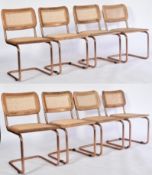 8 VINTAGE RATTAN, OAK & ROSE GOLD CHROME CANTILEVER CHAIRS