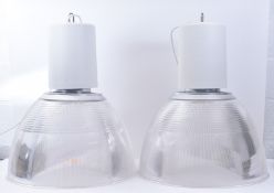 PAIR OF RETRO HOLOPHANE & METAL INDUSTRIAL CEILING LIGHTS