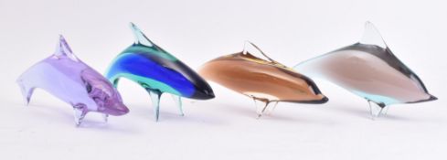FOUR MID CENTURY BOHEMIAN CZECH STUDIO ART GLASS DOLPHINS