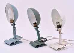 THREE RETRO 20TH CENTURY METAL INDUSTRIAL CLIP ON LAMP LIGHTS