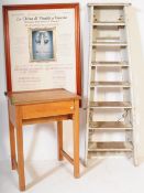 BEECH SCHOOL DESK, WOODEN STEP LADDER & THEATRE POSTER