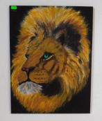 LATE 20TH CENTURY LIONS HEAD ACRYLIC ON BOARD