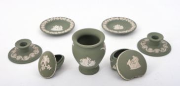 COLLECTION OF 20TH CENTURY WEDGWOOD GREEN JASPERWARE