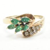 HALLMARKED 9CT GOLD DIAMOND & EMERALD CROSSOVER RING
