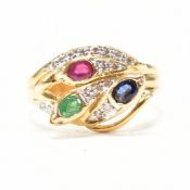 VINTAGE 18CT GOLD DIAMOND RUBY SAPPHIRE & EMERALD SNAKE RING