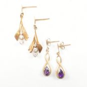 VINTAGE 9CT GOLD & AMETHYST & YELLOW METAL DROP EARRINGS