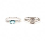 TWO HALLMARKED 9CT WHITE GOLD DIAMOND & GEM SET RINGS