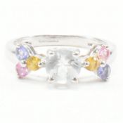 HALLMARKED 9CT WHITE GOLD AQUAMARINE RUBY & SAPPHIRE CLUSTER RING