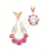 TWO HALLMARKED 9CT BICOLOURED GOLD RUBY & DIAMOND NECKLACE PENDANTS