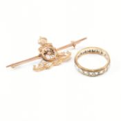 ANTIQUE 9CT GOLD GEM SET ETERNITY RING & SWEETHEART BAR BROOCH