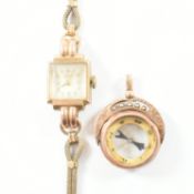 9CT GOLD FOB COMPASS PENDANT & AF VINTAGE GOLD WATCH