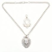 HALLMARKED SILVER POCKET CHAIN & TWO EDWARDIAN FOB MEDALS