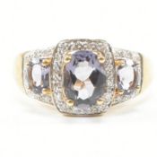 HALLMARKED 9CT GOLD AMETHYST & DIAMOND TRIPLE CLUSTER RING