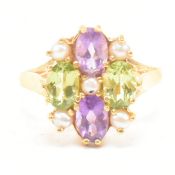 SILVER VERMEIL AMETHYST PERIDOT & PEARL CLUSTER RING