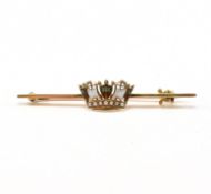 ANTIQUE 18CT GOLD ENAMEL & PEARL NAVAL CROWN BAR BROOCH