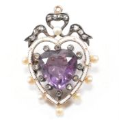 19TH CENTURY AMETHYST DIAMOND PEARL & ENAMEL BROOCH PIN