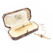 TWO ANTIQUE 9CT GOLD & STONE SET BAR BROOCH PINS