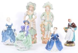FOUR ROYAL DOULTON FIGURINES & 2 PORCELAIN BISQUE FIGURES.