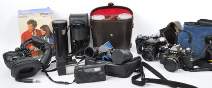 COLLECTION OF CAMERAS AND BINOCULARS, ZENIT, KONICA ETC.