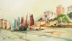 LARGE LATE 20TH CENTURY HARBOUR SCENE PAINTING BY TERRY BURKE