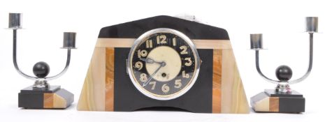 ART DECO BLACK SLATE & MARBLE CLOCK WITH MATCHING GARNITURES