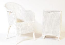 VINTAGE WHITE LLOYD LOOM WICKER CHAIR AND LINEN BASKET