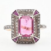 1920S ART DECO GOLD PINK TOURMALINE TOPAZ & DIAMOND PLAQUE RING