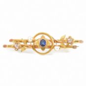 15CT GOLD SAPPHIRE PEARL & DIAMOND BAR BROOCH