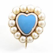 GEORGIAN GOLD & PEARL ENAMEL HEART BROOCH