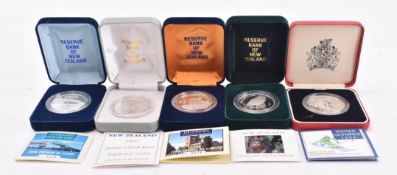 FIVE RESERVE BANK OF NEW ZEALAND 5$ STERLING SILVER PROOF COINS