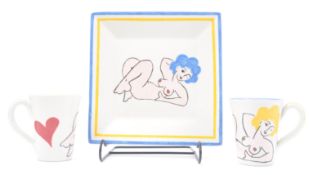 MID CENTURY SERVING PLATTER & 2 MUGS FEATURING NUDE LADY