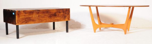 VINTAGE MID CENTURY PLANK TOPPED BENCH AND TEAK COFFEE TABLE