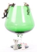VINTAGE 20TH CENTURY GREEN GLASS CUP WITH CHINA CATS