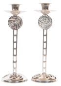 SILVER PLATED RENNIE MACKINTOSH STYLE CANDLESTICK HOLDERS