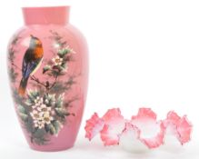19TH CENTURY PINK OPALINE GLASS PAINTED VASE & BRIDES BASKET