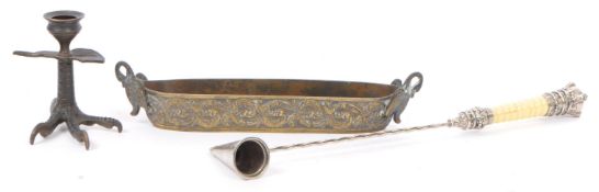 20TH CENTURY BRONZE INCENSE TRAY, CANDLESTICK & SNUFFER