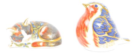 ROYAL CROWN DERBY PAPERWEIGHTS - ROBIN & CAT
