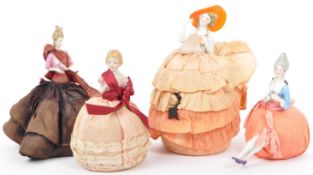 FOUR 19TH / 20TH CENTURY PORCELAIN CRINOLINE LADY PIN CUSHIONS