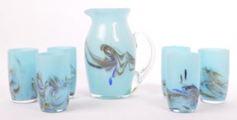 PALE BLUE HAND BLOWN GLASS LEMONADE JUG & SIX TUMBLERS