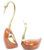 TWO 20TH CENTURY TEAK BRASS ORNAMENTAL DUCK & GOOSE FIGURES