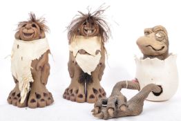 THREE HANDMADE KALLAHAREES STUDIO POTTERY TROLL FIGURES / BIRD