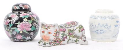 COLLECTION OF ORIENTAL CHINESE CERAMIC GINGER JARS AND CAT