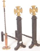 EARLY 20TH CENTURY GOTHIC REVIVAL FIRE DOGS WITH POKER