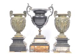 THREE VICTORIAN BRONZE & SLATE GARNITURE URNS