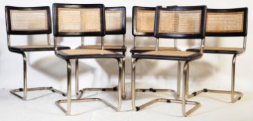 SIX VINTAGE RATTAN, BLACK OAK & CHROME CANTILEVER CHAIRS