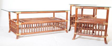 THREE VINTAGE GLASS TOP BAMBOO RATTAN CANE WORK COFFEE TABLES