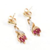 PAIR OF HALLMARKED 9CT GOLD RUBY & DIAMOND PENDANT EARRINGS