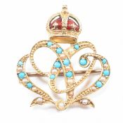 EDWARD VII PEARL TURQUOISE & ENAMEL YELLOW METAL CORONATION BROOCH PIN