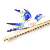 15CT GOLD ENAMEL & PEARL BIRD BAR BROOCH PIN